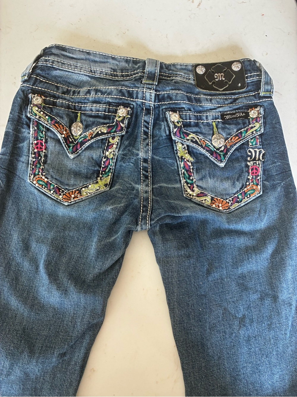 Miss Me kids Blue Denim Bermuda with Multicolor Embroidered Pockets